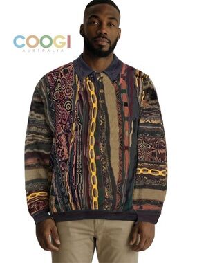 COOGI Australia DNA Abstract 3D Knit Multicolor Collared Sweater Biggie Cosby